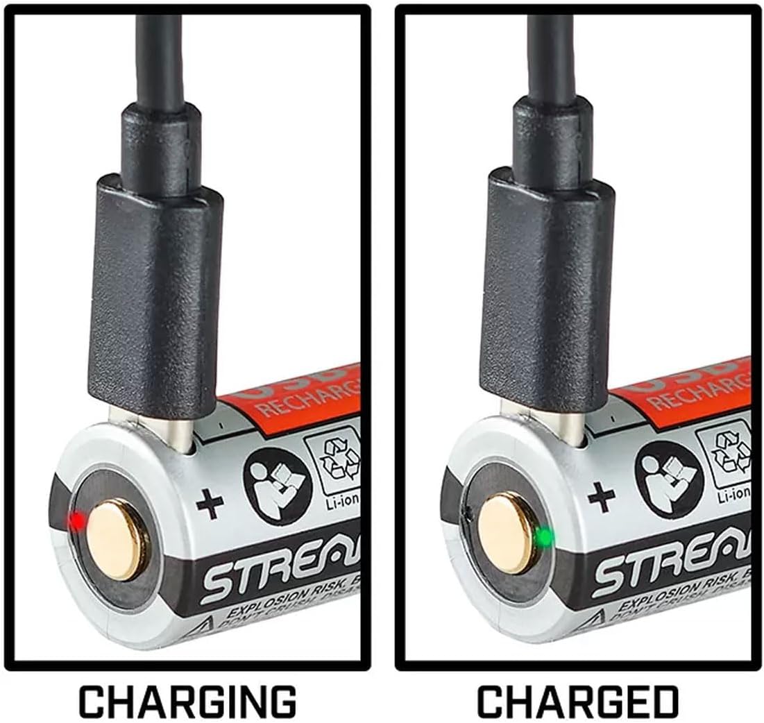 Two views of a charging cable with 'Stream' branding, showing charging and charged states.