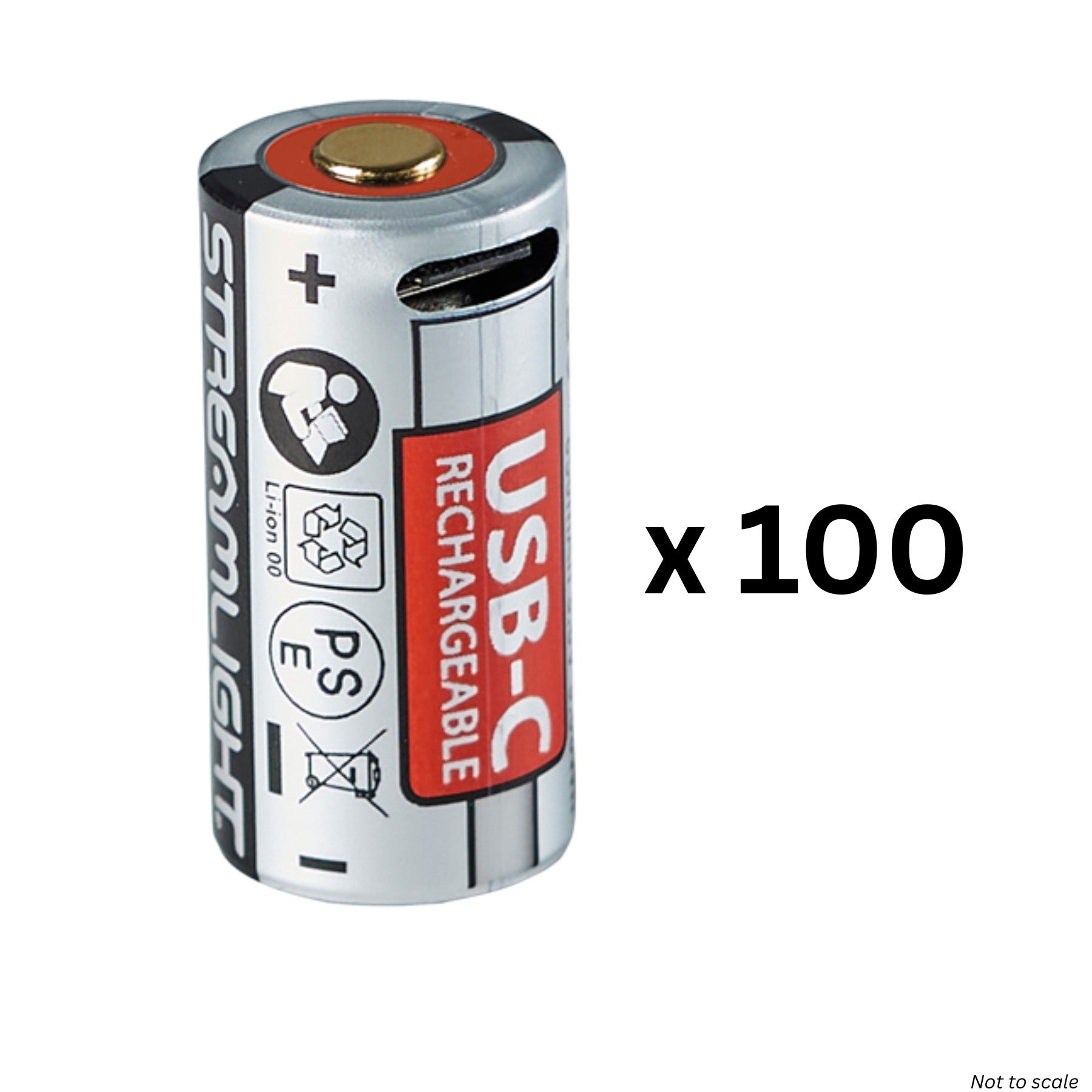 USB-C rechargeable battery with branding and product details on a white background