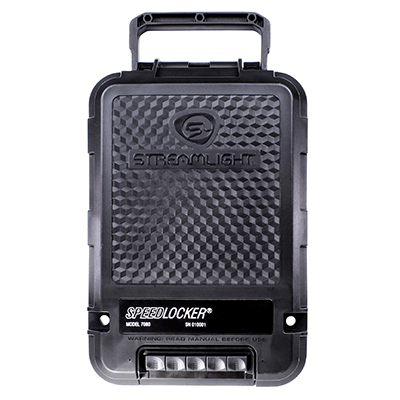 Streamlight SpeedLocker portable storage container with mechanical keypad for secure firearm storage and 31 lock combinations.