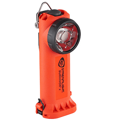 Streamlight Survivor X orange flashlight with LED, three lighting modes, and a secure clip for hands-free use.