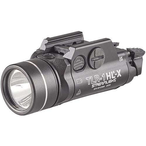 Streamlight TLR-1 HL-X weapon light with rail locating keys and two CR123A batteries, black finish, 1500 lumens output.