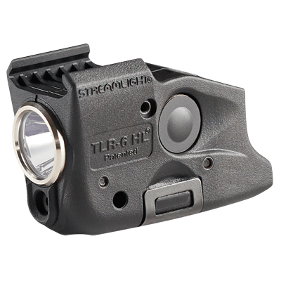 Streamlight TLR-6 HL weapon light with white LED and red laser for Glock 42/43, featuring compact design and rechargeable batteries.
