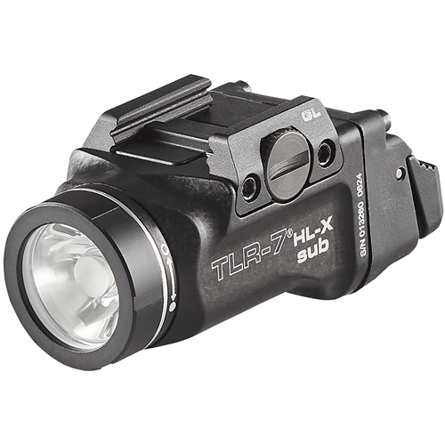 Streamlight TLR-7 HL-X sub USB black weapon light designed for GLOCK 43X/48 with mounting kit and USB-C cord.