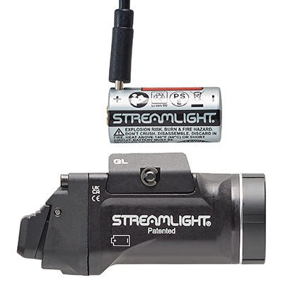 Streamlight TLR-7 HL-X weapon light with SL-B9 rechargeable battery pack and USB-C charging port, showcasing compact design.