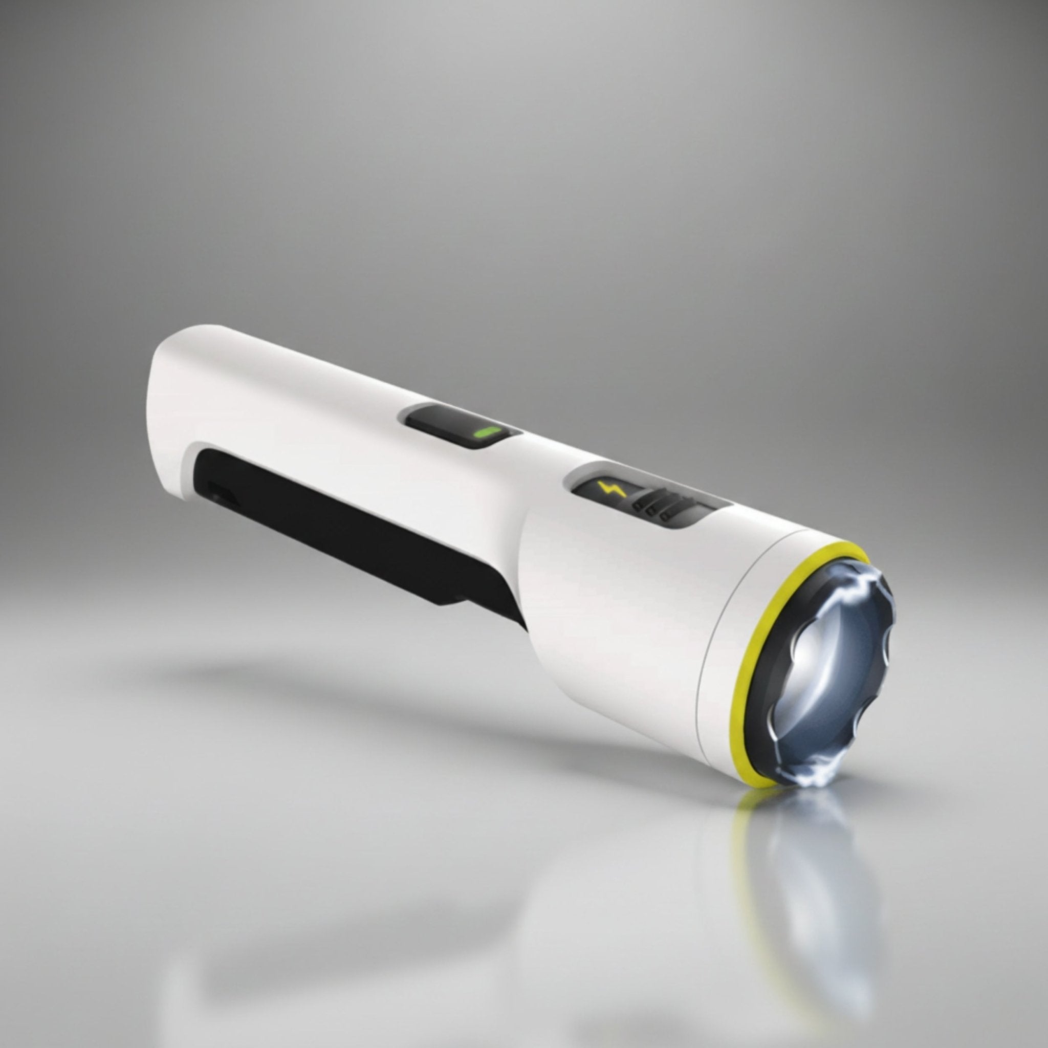 TASER StrikeLight 2 stun gun flashlight in white, full unit on gray background
