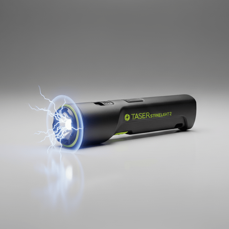 A black Taser Strikelight 2 device with electric arc on a gray background