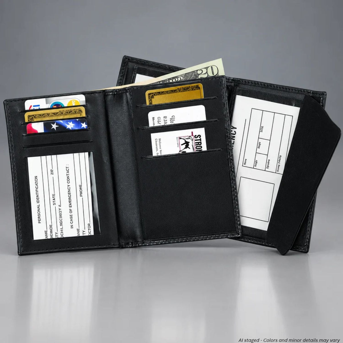 Strong Leather Company 7990C-0002 black double ID and credit card wallet open to show card slots, ID window, and foldout panel
