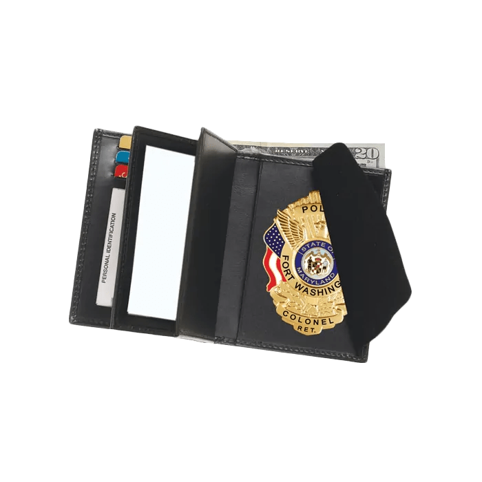 Strong Leather Company Double ID Hidden Badge Wallet displaying law enforcement badge and card slots, perfect for professionals.