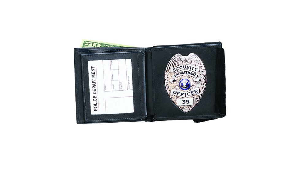Strong Leather Double ID Badge wallet with security badge and cash, perfect for professionals in law enforcement.
