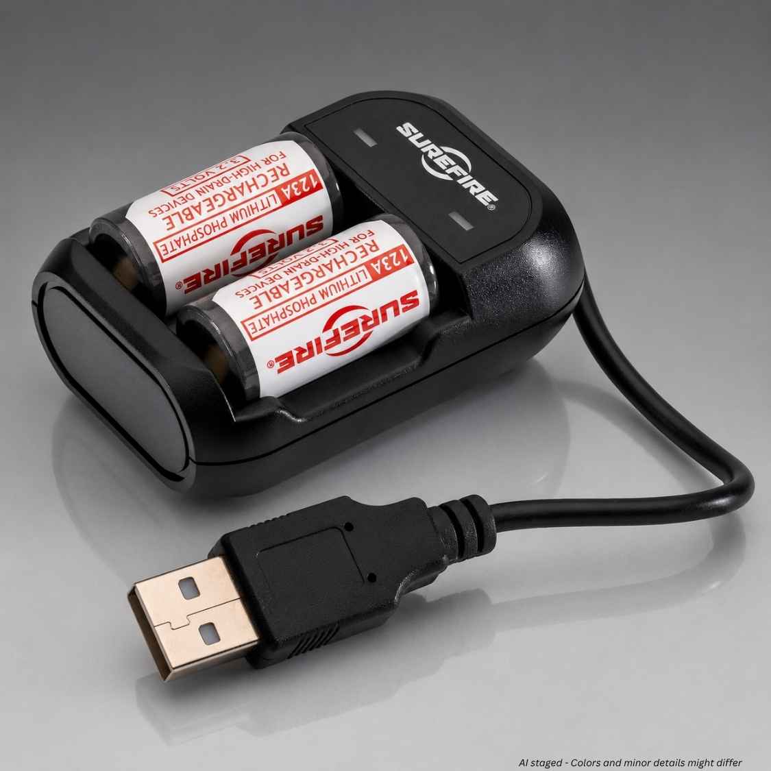 SureFire SFLFP123-KIT with two rechargeable 123A LiFePO4 cells and two-bay smart charger