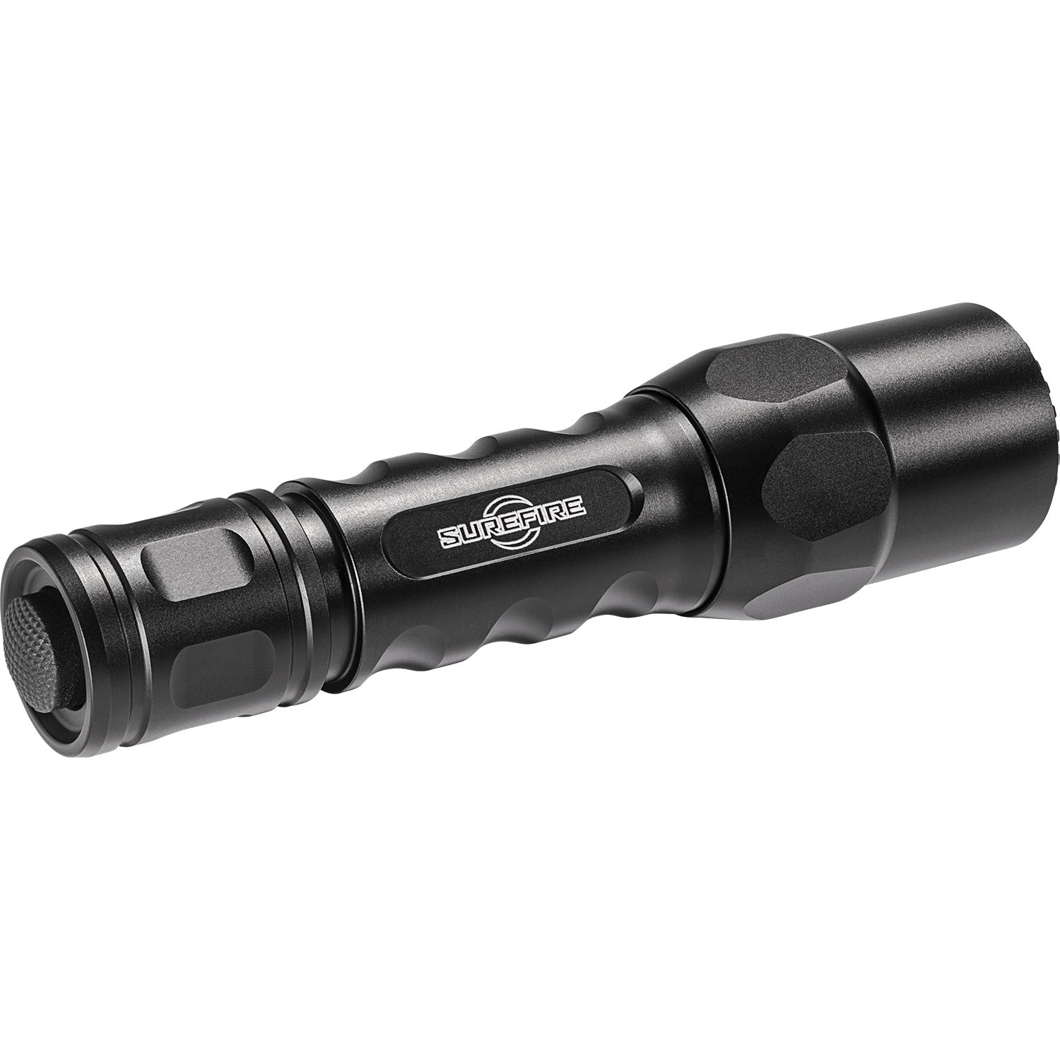 SureFire 6PX Tactical flashlight in black, rear angle showing click-type tactical tailcap