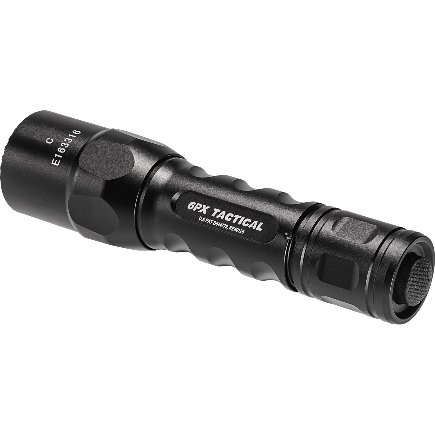 SureFire 6PX Tactical flashlight in black, rear right angle showing tailcap switch