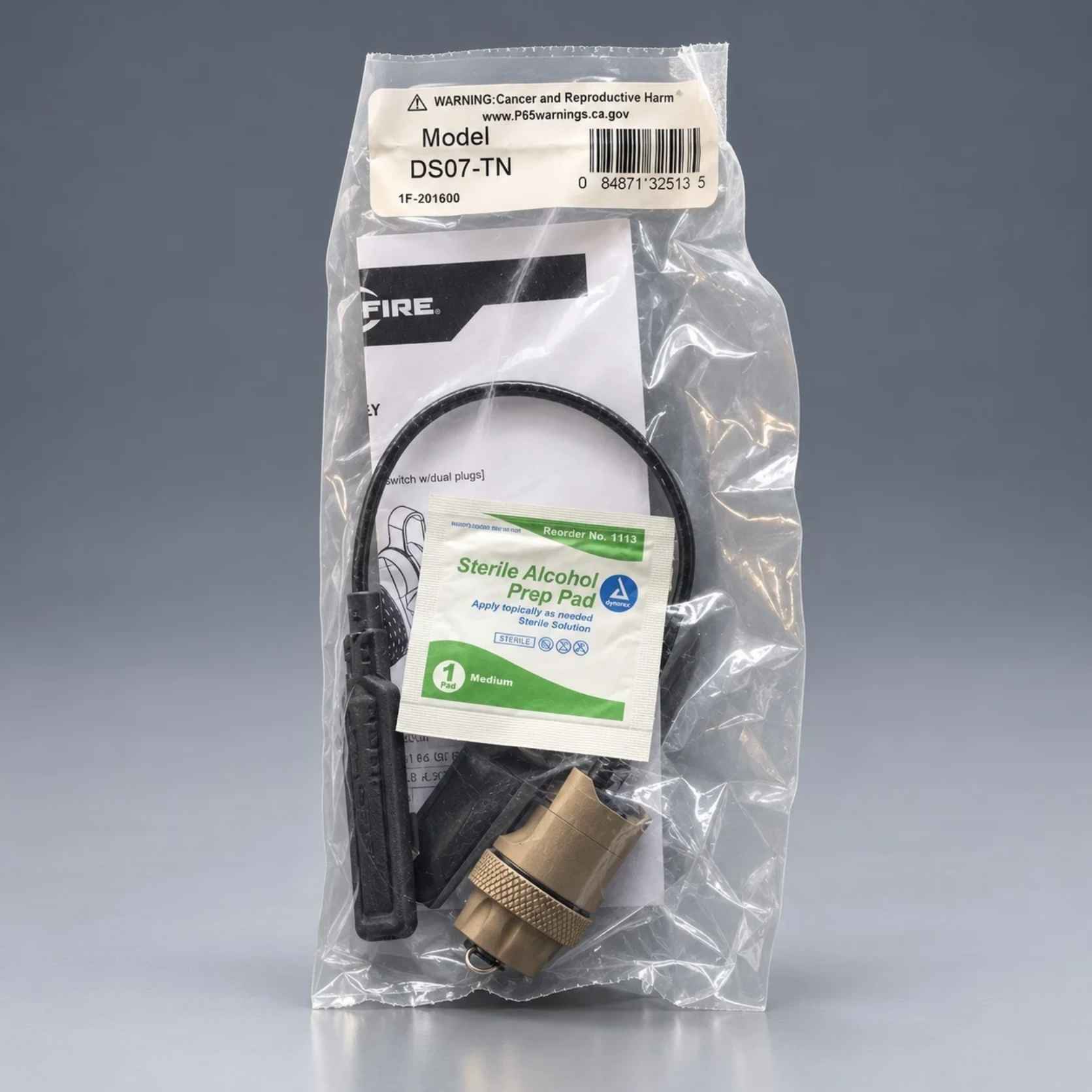 SureFire DS07-TN tan dual switch tailcap in retail bag with instruction sheet and alcohol prep pad
