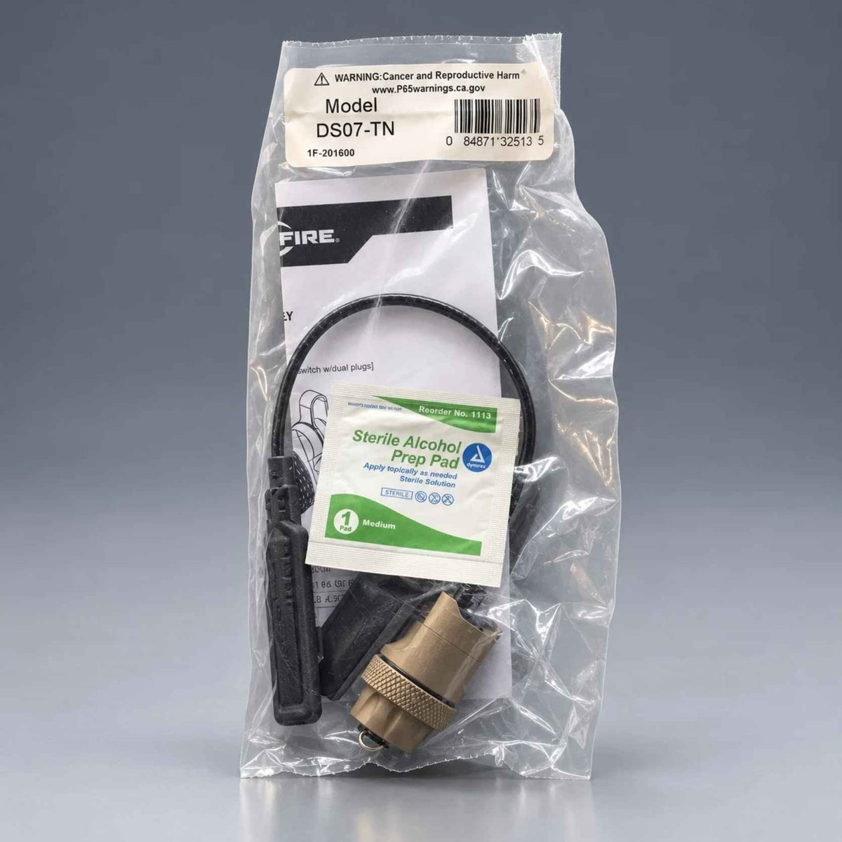 SureFire DS07-TN tan dual switch tailcap in retail bag with instruction sheet and alcohol prep pad