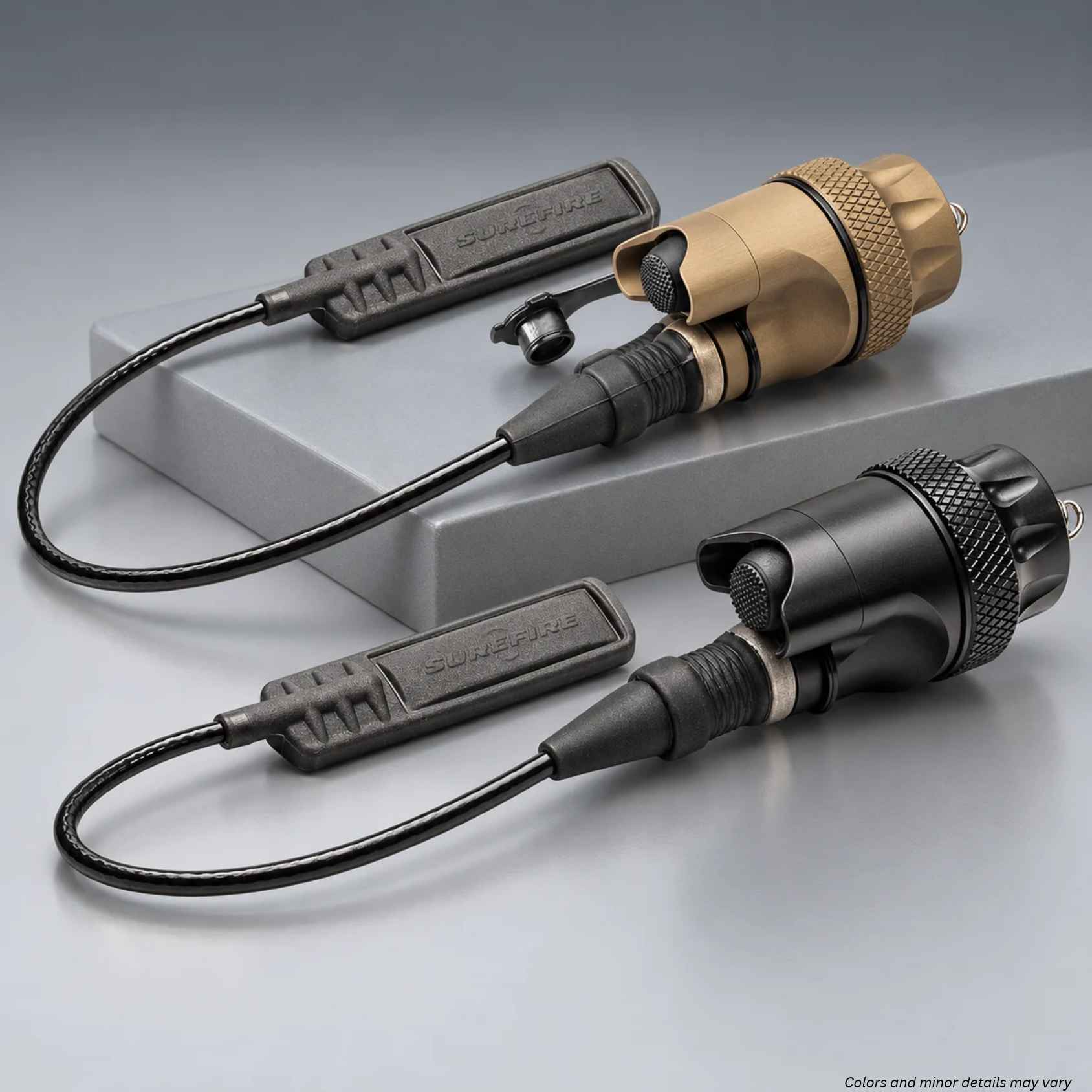 SureFire DS07 and DS07-TN dual switch tailcaps in black and tan with 7-inch ST07 tape switches