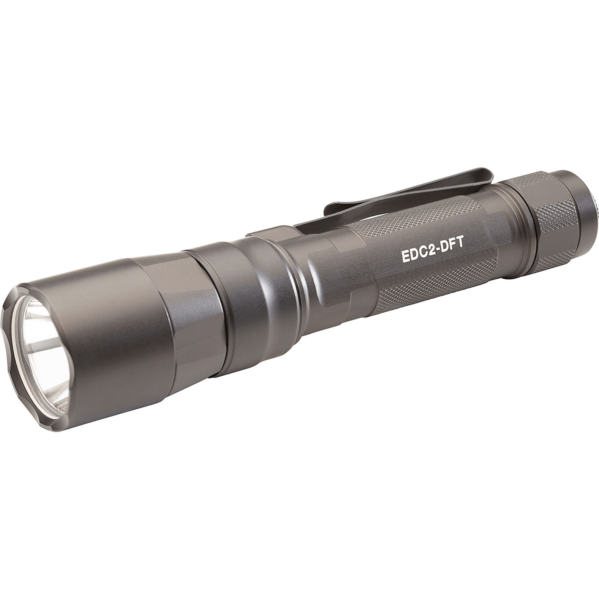 SureFire EDC2-DFT handheld flashlight in sleek gray, designed for powerful low-light performance and compact carry.
