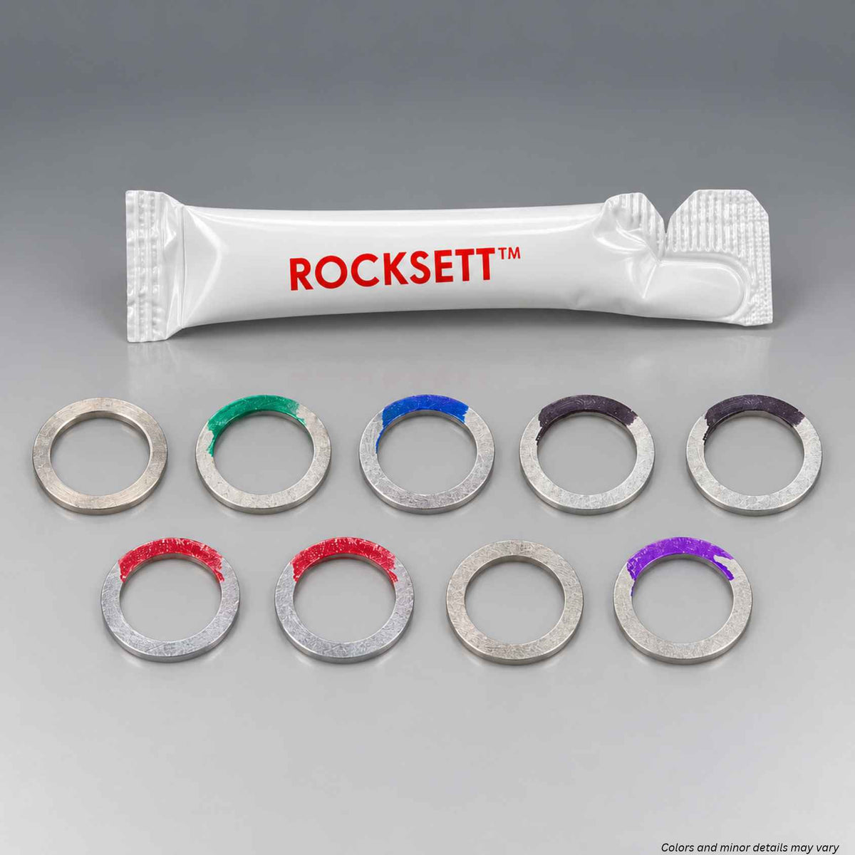 SureFire SOCOM Shim Kit 1/2-28 Z-70031 with 9 color-coded stainless steel shims and a Rocksett thread locker packet