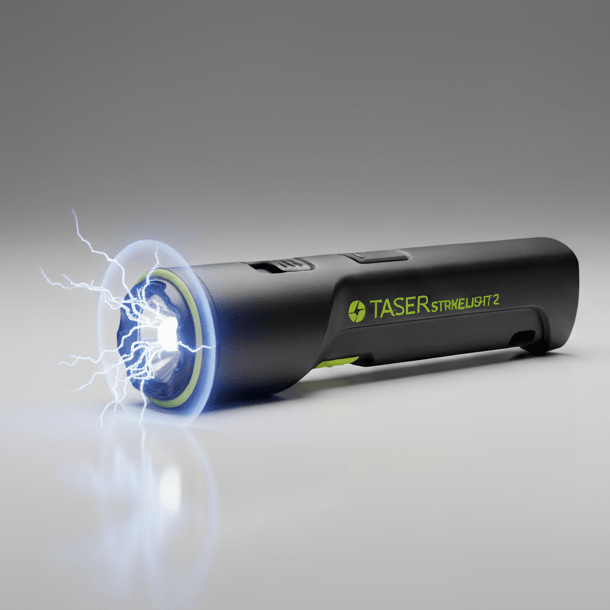 TASER StrikeLight 2 100245 black stun gun flashlight with a 20kV electric arc at the stun head