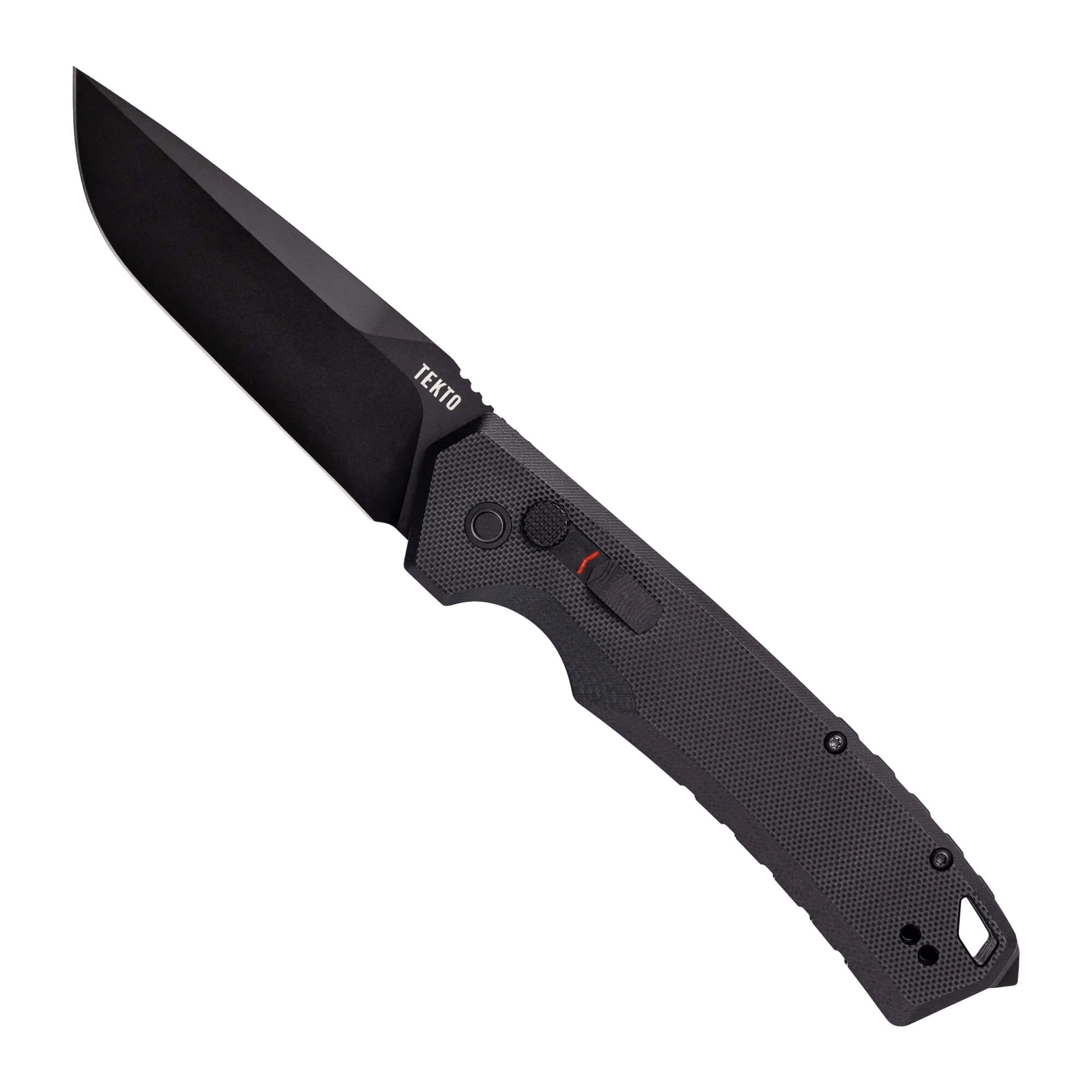 Tekto Gear A3 Delta-Black folding automatic tactical knife with ergonomic handle and black blade design.