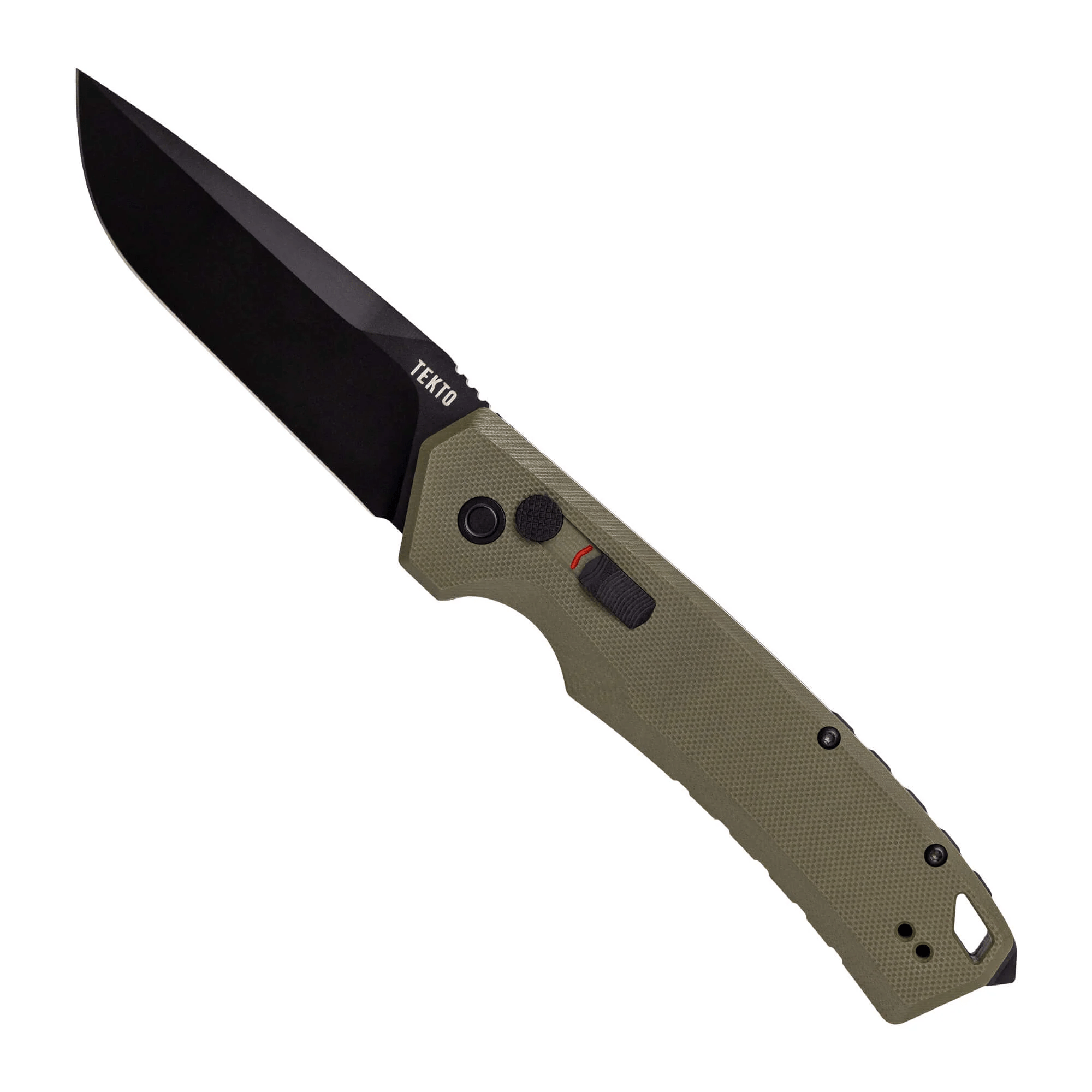 Tekto Gear A3 Delta-OD Green tactical knife with a black blade and ergonomic handle design, perfect for tough conditions.