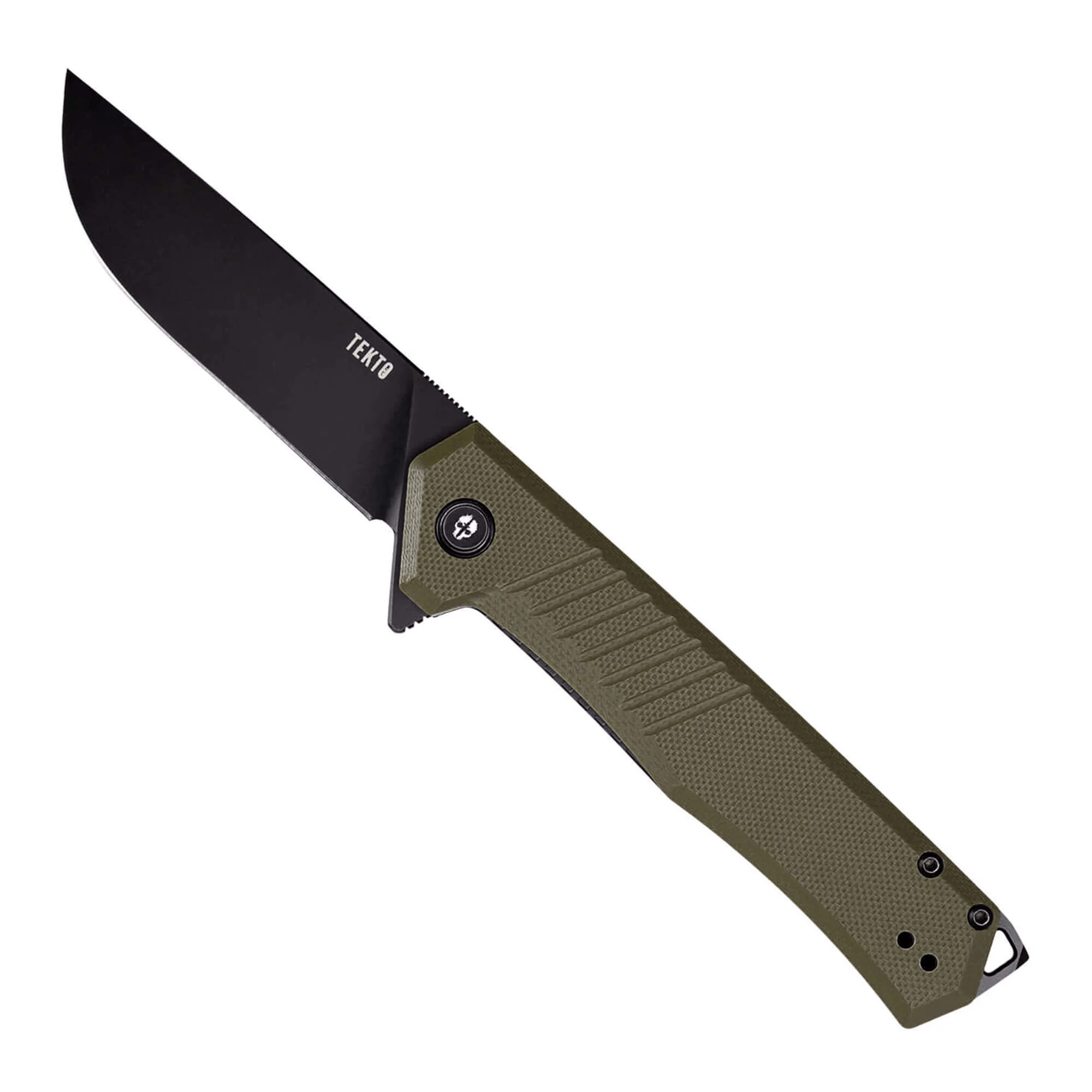 Tekto Gear F1 Alpha tactical knife with a 3.1” titanium-treated D2 steel blade and rugged olive green handle.