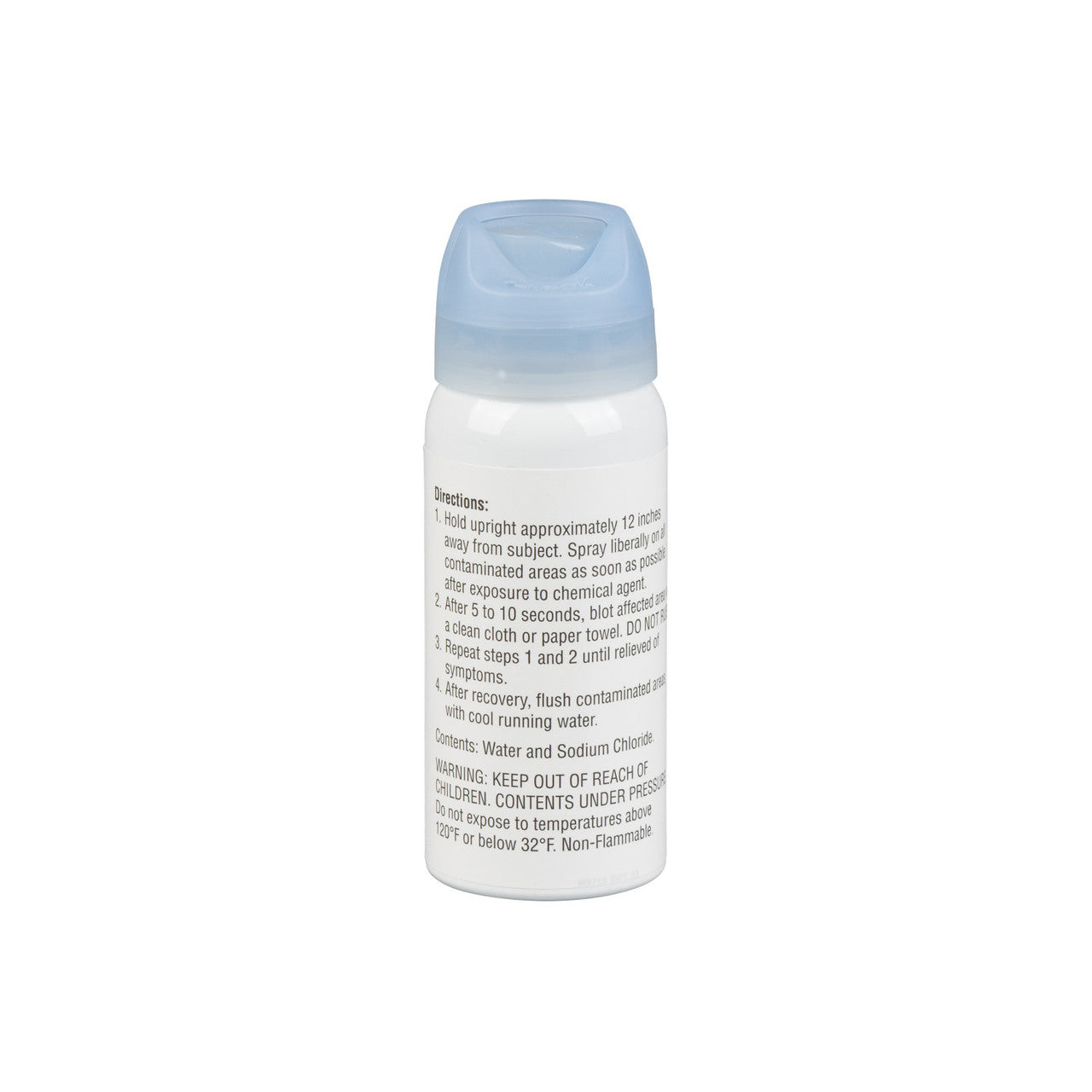 White spray pepper spray decontamination bottle with blue cap on a white background