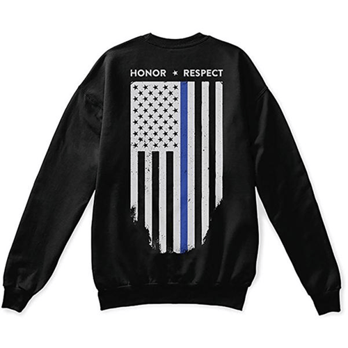 Back view of Thin Blue Line Crew Neck Sweatshirt featuring tattered American flag and "Honor Respect" text.
