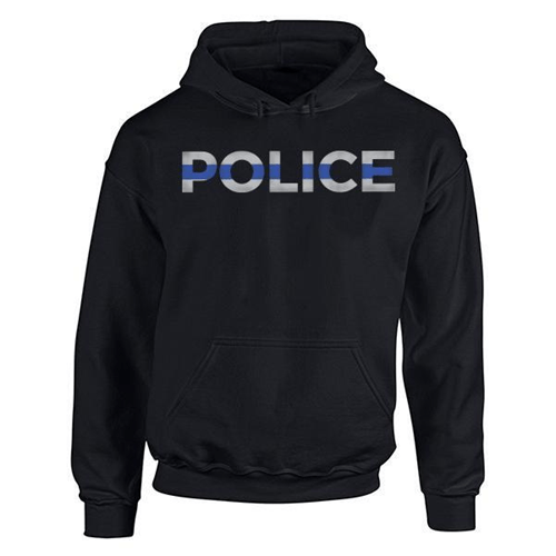 Black Thin Blue Line men's hoodie featuring "POLICE" design for supporters and officers in cool weather.