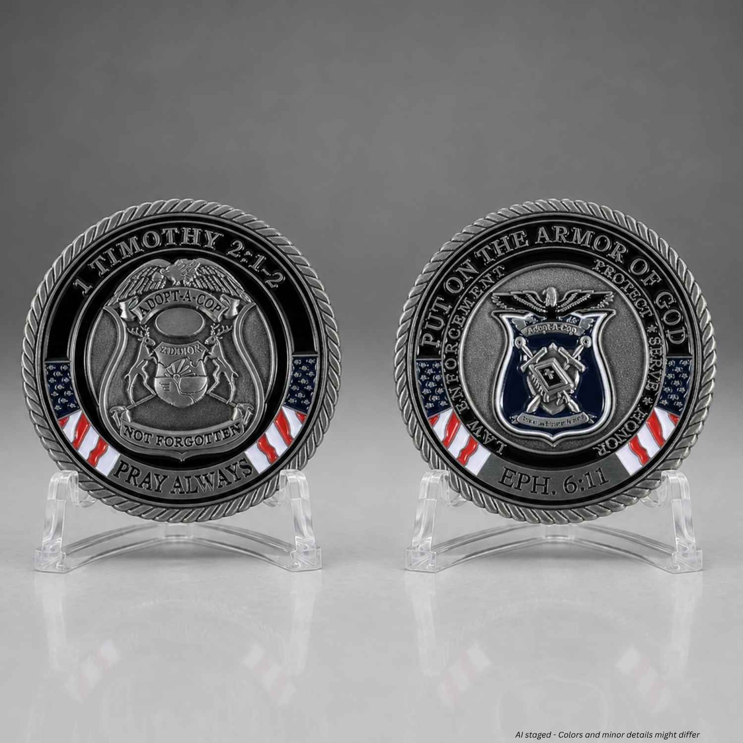 Thin Blue Line Timothy 2:1-2 Armor of God Challenge Coin front and reverse on display stands, stands not included