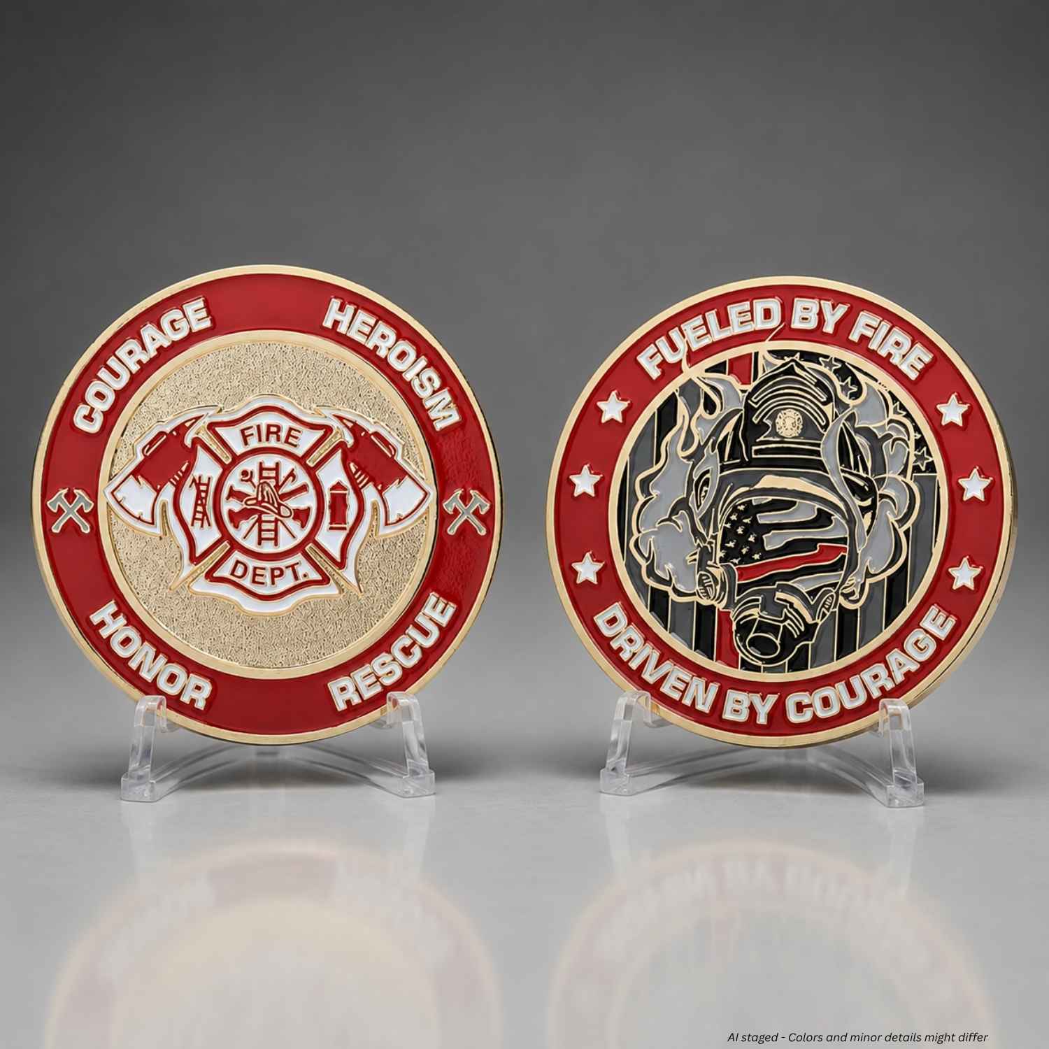 Front and reverse of Thin Blue Line USA Firefighter Thin Red Line Challenge Coin on clear display stands