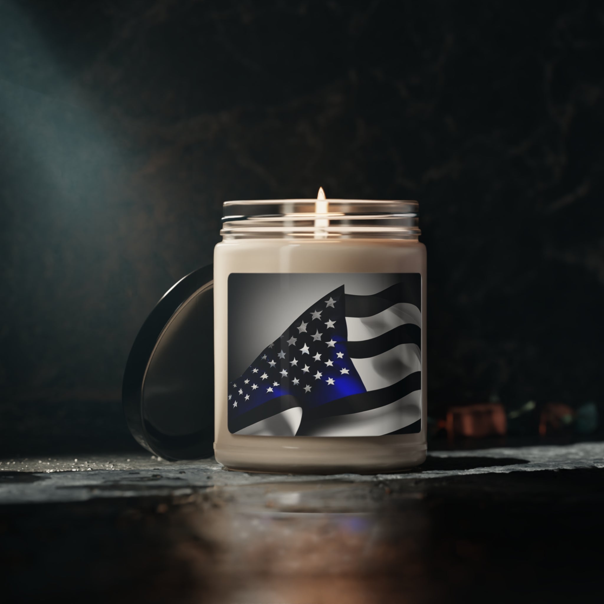 Thin Blue Line Wavy USA Flag Scented Soy Candle 9oz - Home Decor - WCUniforms