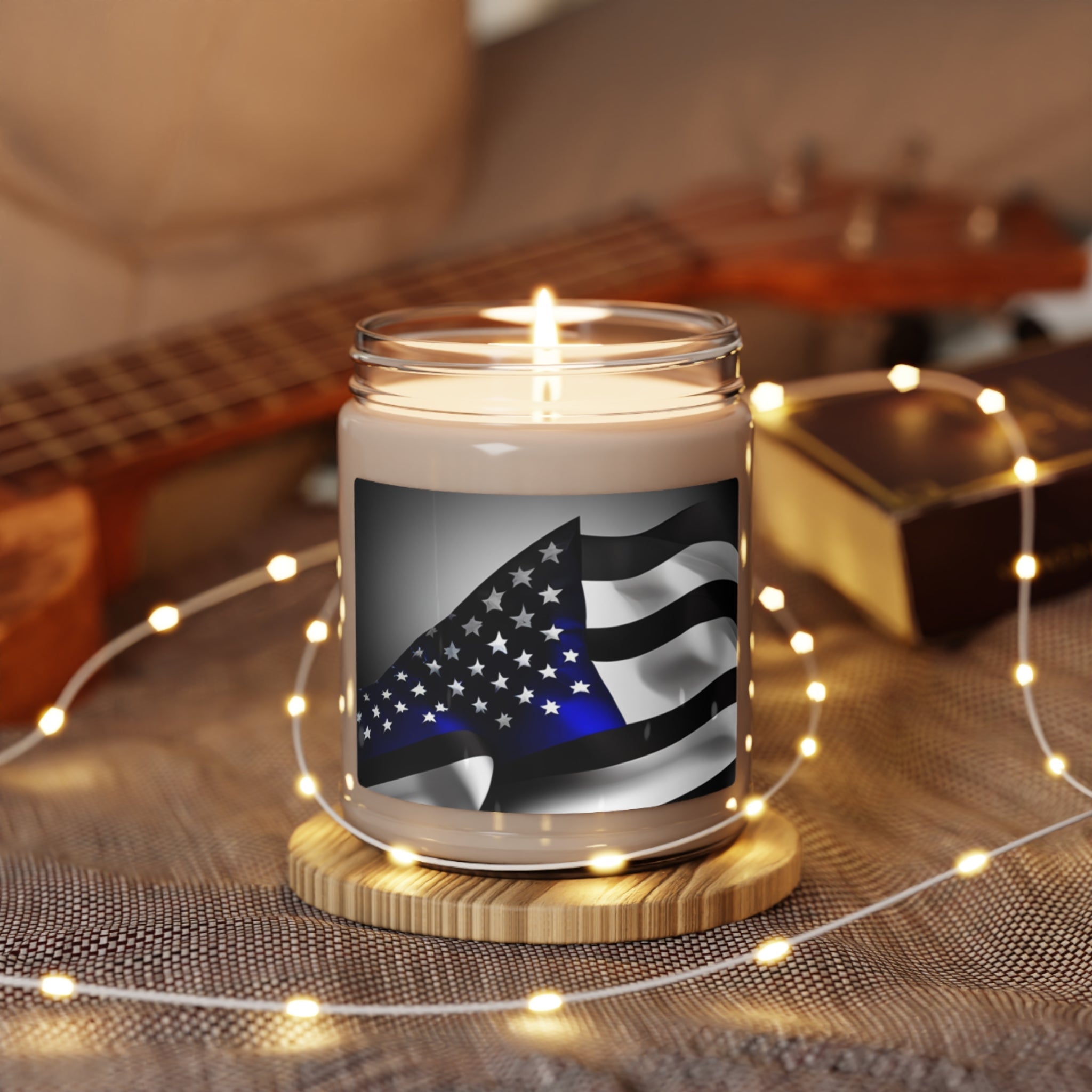 Thin Blue Line Wavy USA Flag Scented Soy Candle 9oz - Home Decor - WCUniforms