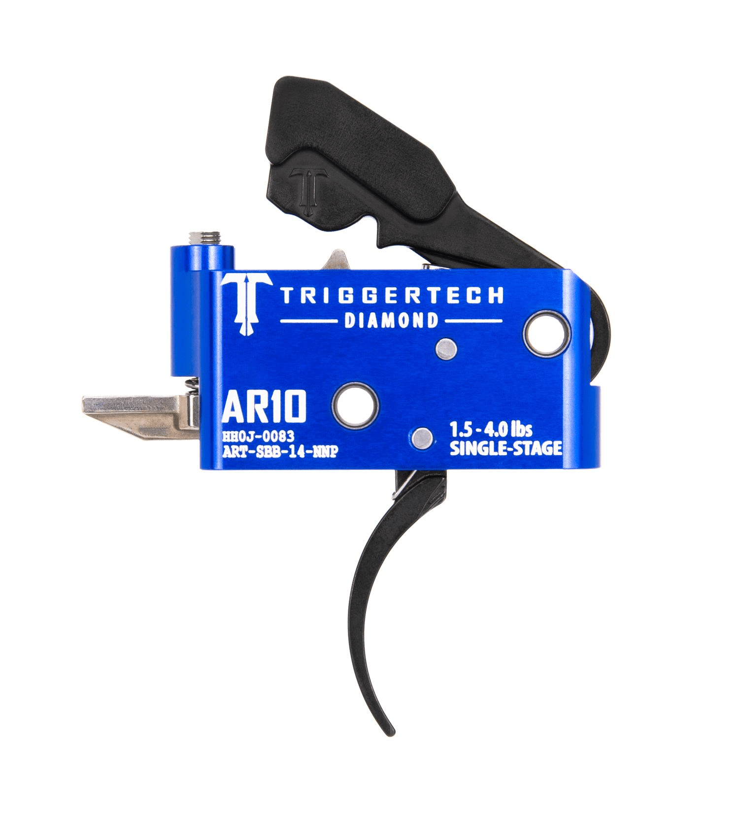 TriggerTech AR10 Single-Stage Diamond Trigger in blue, adjustable pull weight, designed for precision and reliability.