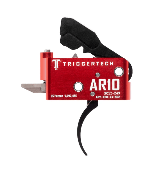 TriggerTech AR10 Two-Stage Diamond Trigger in red, featuring Frictionless Release technology for precision shooting.
