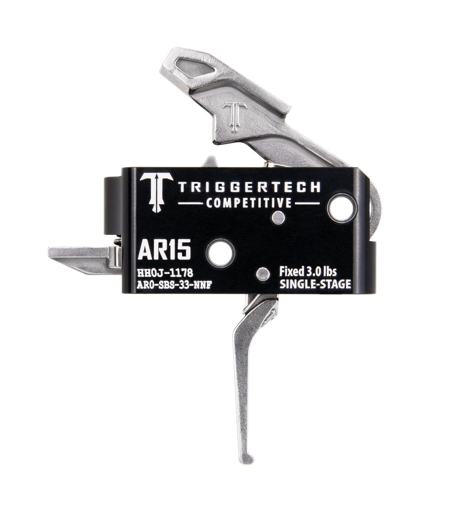 TriggerTech AR15 Single-Stage Competitive Trigger showcasing zero-creep technology and 3.0 lbs fixed pull weight.