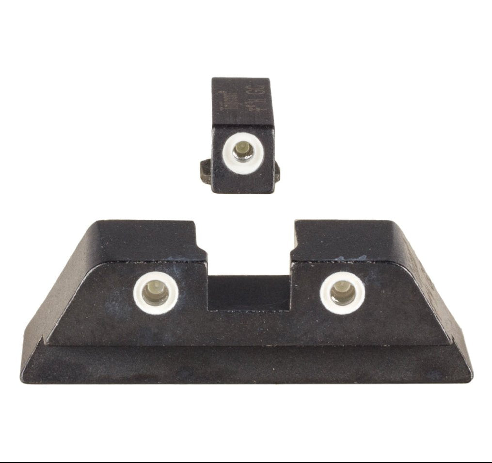 Trijicon GL01Y Glock night sights, front view with green front and yellow rear tritium lamps