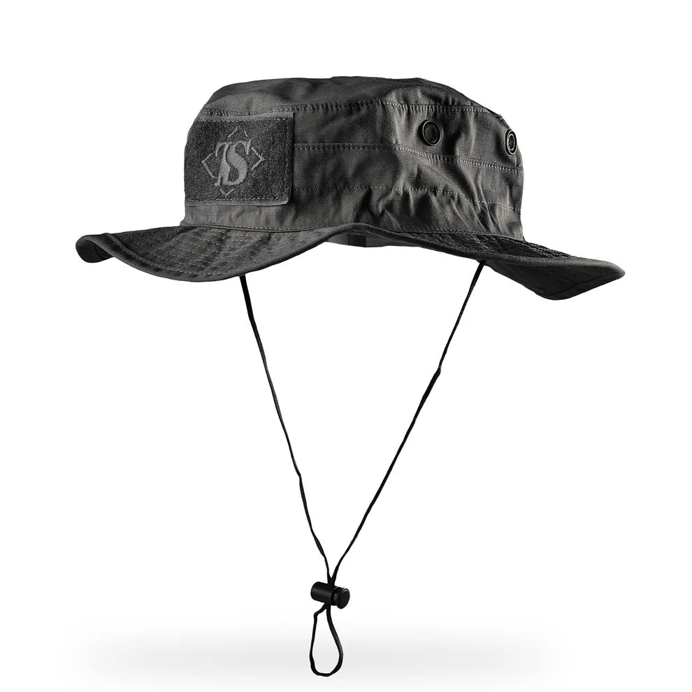 Black TRU-SPEC Contractor Boonie Hat with front loop panel, brass vents, full brim, and chin strap