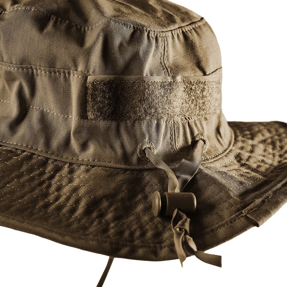 Close-up of the Coyote TRU-SPEC Contractor Boonie rear loop panel and adjustable chin strap hardware