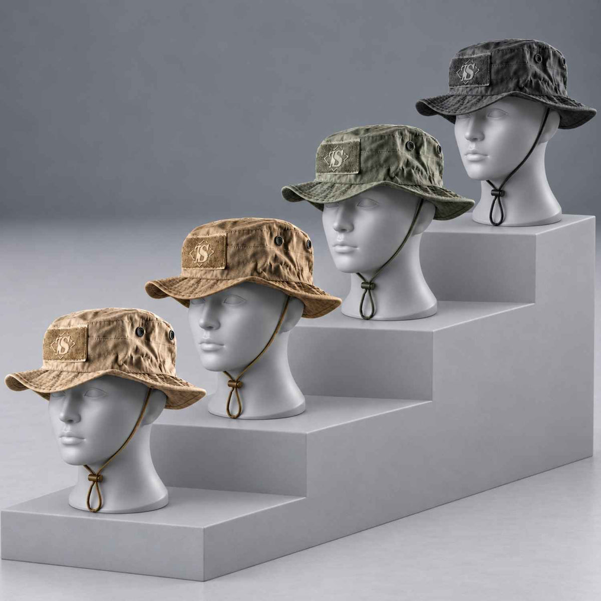 TRU-SPEC Contractor Boonie Hats in Black, OD Green, Coyote, and Khaki on tiered gray mannequin displays