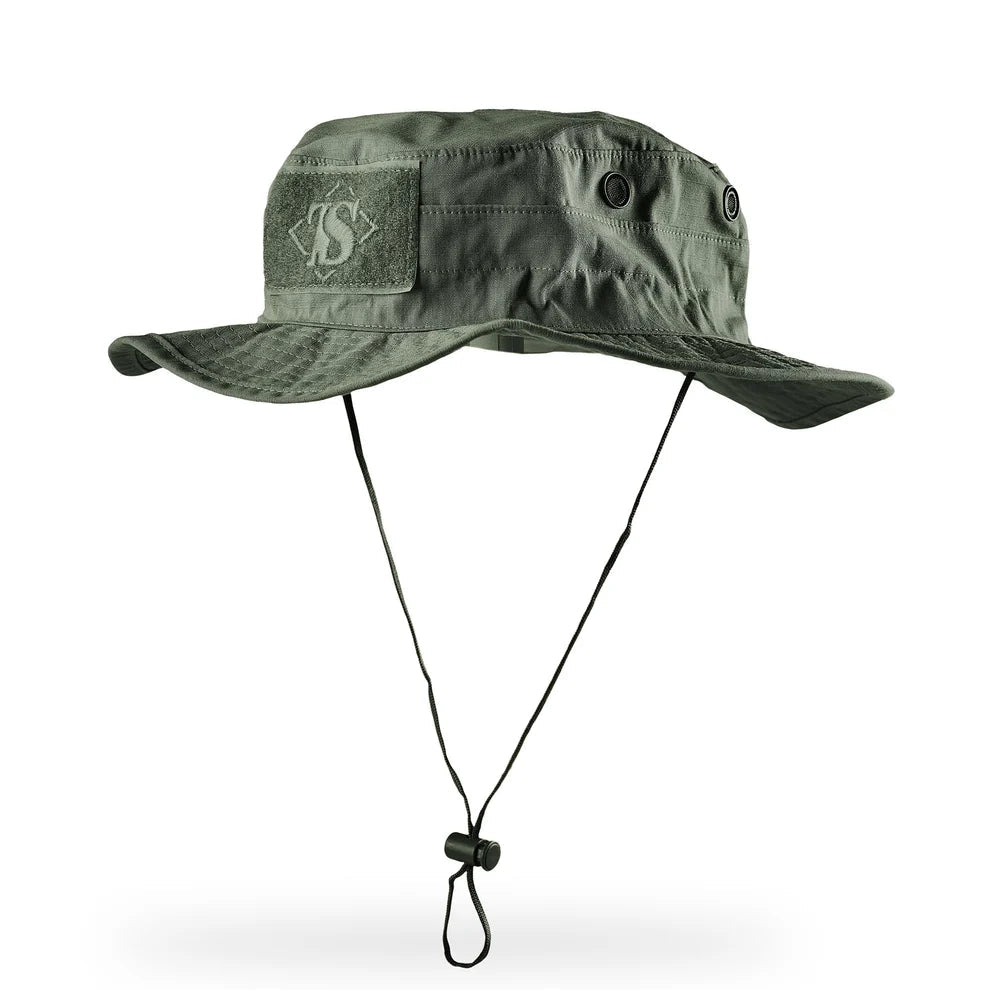 OD Green TRU-SPEC Contractor Boonie Hat with front loop panel, brass vents, full brim, and chin strap