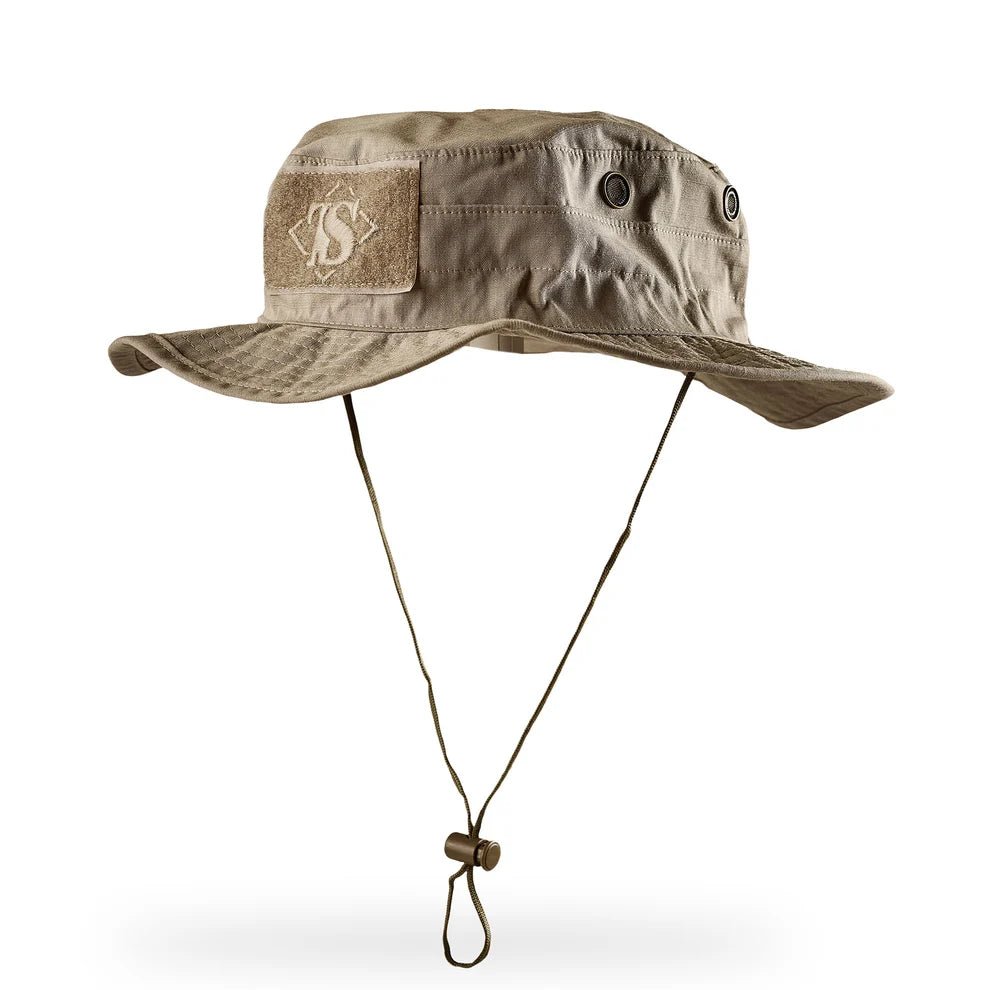 Khaki TRU-SPEC Contractor Boonie Hat with front loop panel, brass vents, full brim, and chin strap