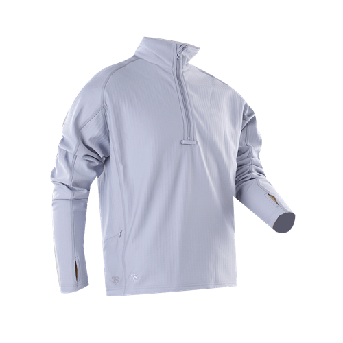 TRU-SPEC Grid Fleece Pullover in light gray with quarter-zip collar, ideal for layering in cold weather conditions.