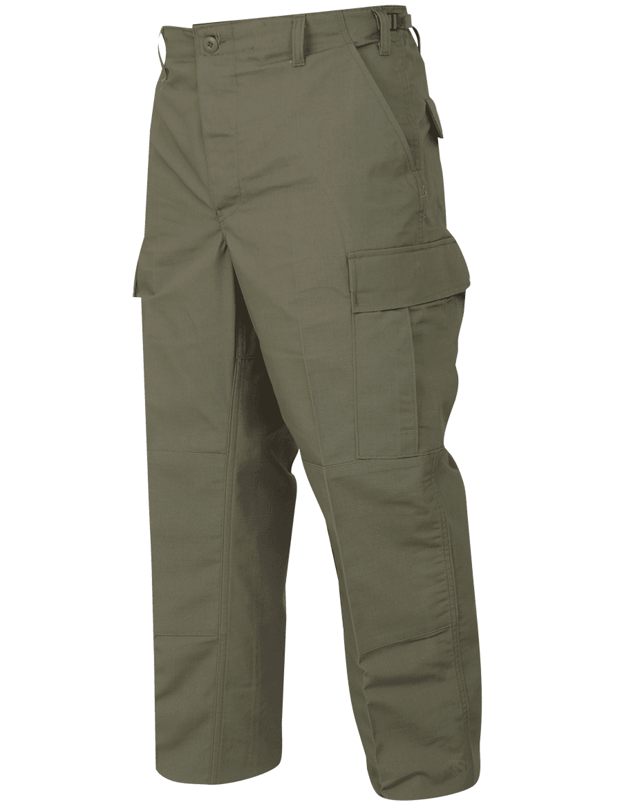 TRU-SPEC BDU Pants in olive green, featuring cargo pockets and durable military design for tactical use.