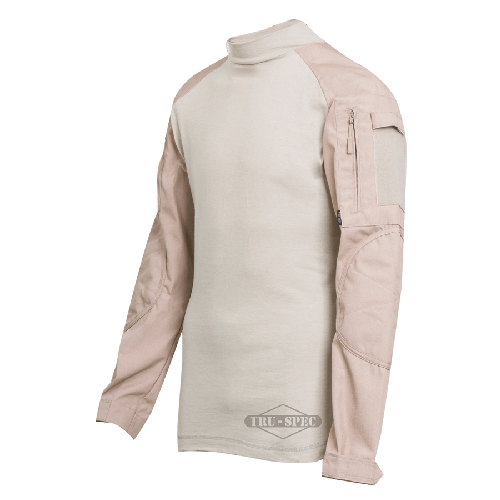 TRU-SPEC T.R.U. Combat Shirt in tan color, featuring durable CORDURA fabric and practical design for comfort under body armor.