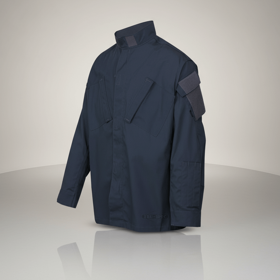 Navy blue jacket on a reflective surface with a light gray background