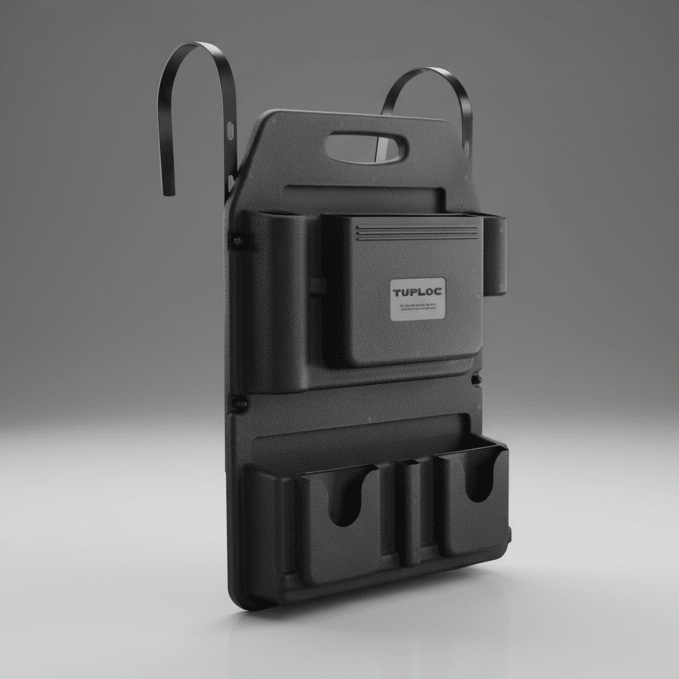 Tufloc Seat Organizer for Police Vehicles | 78-100 with hooks and compartments on a gray background