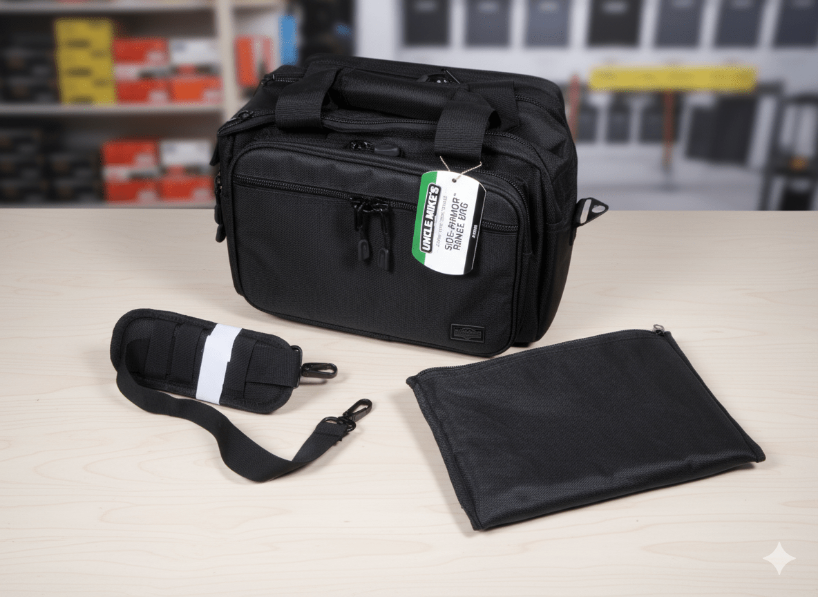 Black bag with accessories on a table in an indoor setting