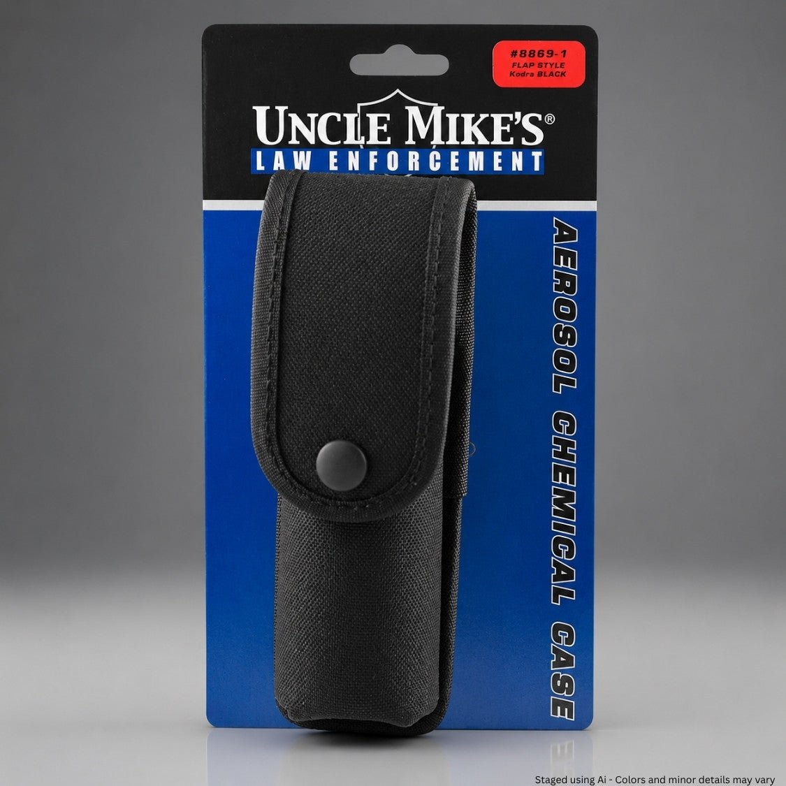 Black aerosol chemical case on packaging with 'Uncle Mike's Law Enforcement' branding.