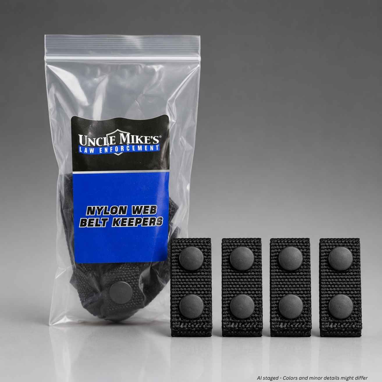 Uncle Mike's Law Enforcement Nylon Web Belt Keepers shown in a clear plastic bag with a blue and black label, alongside four individual black textured web belt keepers with round gray snap buttons on a gray gradient background.
