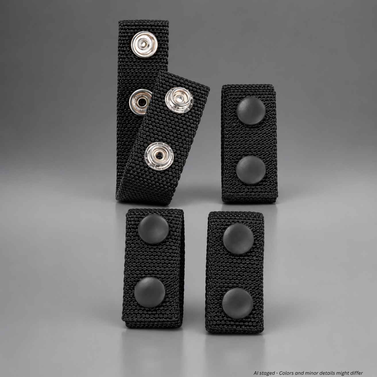 Four black nylon woven belt keepers with snap buttons arranged on a smooth gray studio background.
